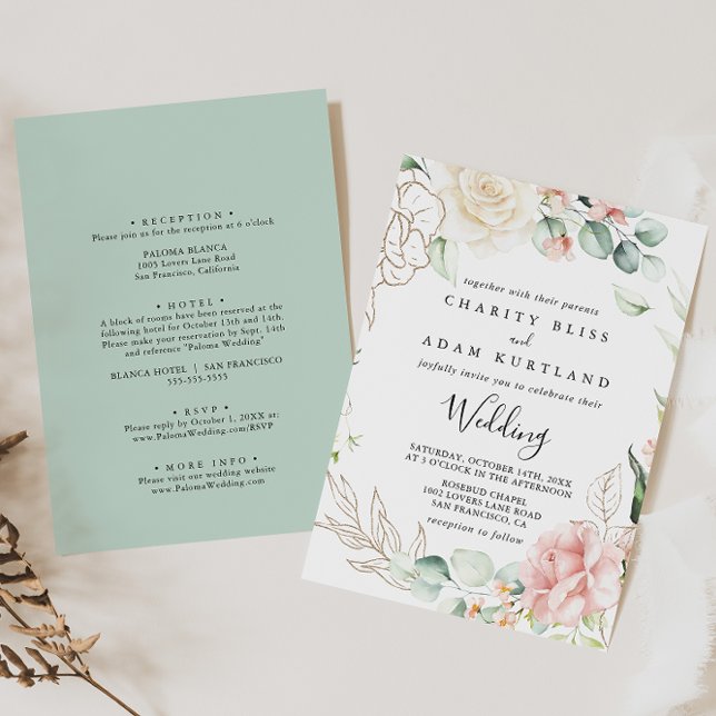 Invitation Mariage à l'avant et à l'arrière fleuris Gold Gree (Créateur téléchargé)