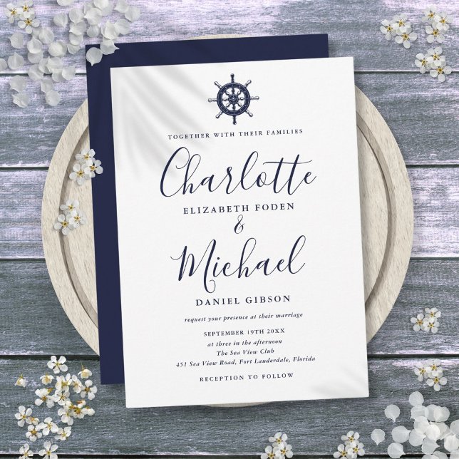 Invitation Mariage à l'écriture Navy Blue Roue de Navire Naut (Nautical Ship Wheel Navy Blue Script Wedding Invitation)