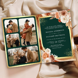 Invitation Mariage à l'émeraude dorée sur pampas florales en