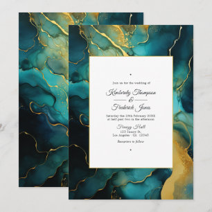 Invitation Mariage à l'encre alcoolique sarcelle et or