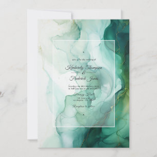Invitation Mariage à l'encre argent, blanc et vert forêt