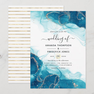 Invitation Mariage à l'encre d'alcool Turquoise et Or