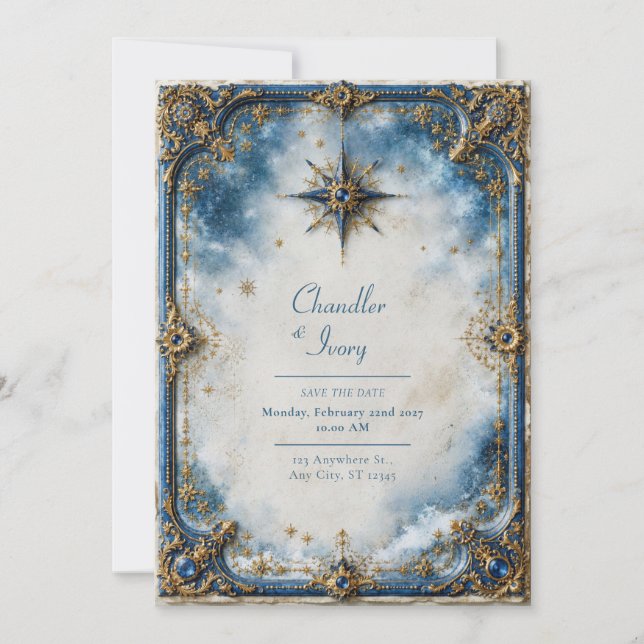 Invitation Mariage à l'Étoile Bleue Dorée (Devant)