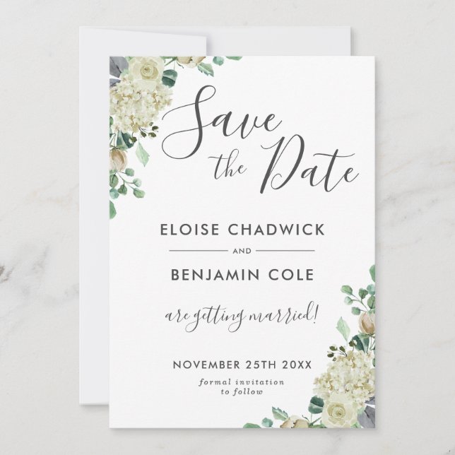 Invitation Mariage à l'Eucalyptus à la florale blanche Enregi (Devant)