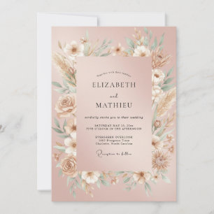 Invitation Mariage à l'eucalyptus avec herbe de Pampas rose