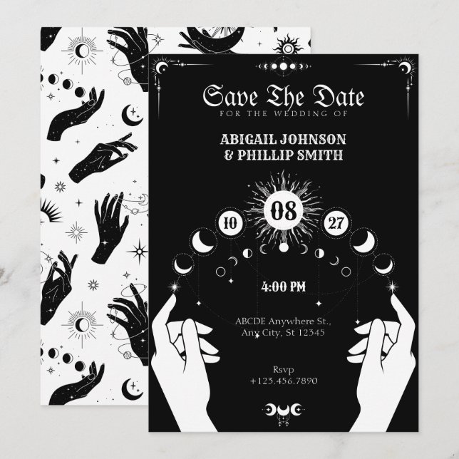 Invitation Mariage à main mystique Boho Moon noir et blanc (Devant / Derrière)