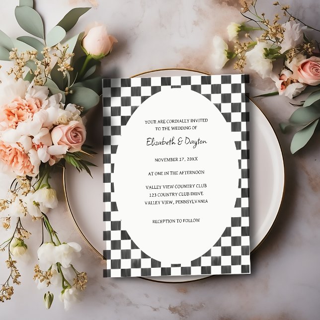 Invitation Mariage à motif à carreaux noir et blanc peint (Créateur téléchargé)