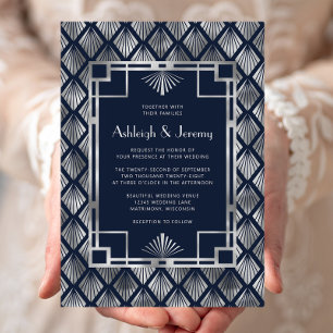 Invitation Mariage à motif déco vintage bleu marine argenté