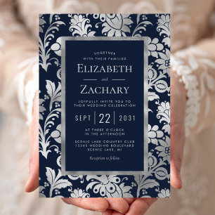 Invitation Mariage à motif floral argenté vintage bleu marine