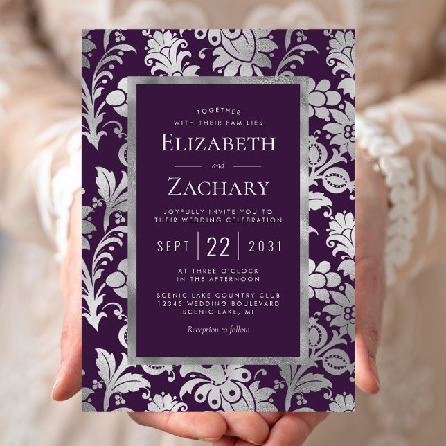 Invitation Mariage à motif floral vintage argent pourpre (Créateur téléchargé)