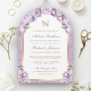 Invitation Mariage à papillon d'arc en or violet de lavande