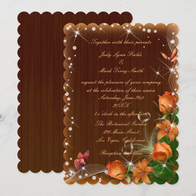 Invitation Mariage à papillon floral en bois foncé rustique (Devant / Derrière)
