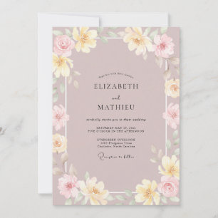 Invitation Mariage à pétales mauves et jaunes pâles