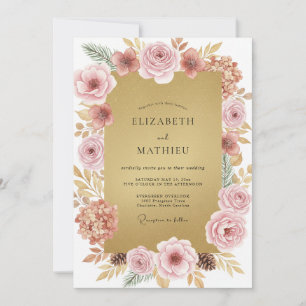 Invitation Mariage à pétales roses poussiéreux dorés