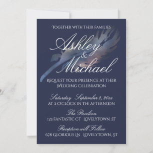 Invitation Mariage à Plume Aquarelle Numérique sur Fond Bleu 