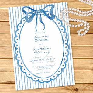 Invitation Mariage à rayures avec nœud aquarelle bleu fantais