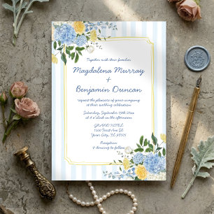Invitation Mariage à rayures florales bleues jaunes dessinées