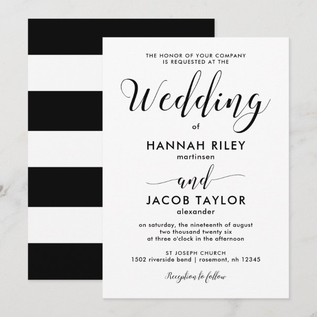 Invitation Mariage à rayures noir et blanc (Devant / Derrière)