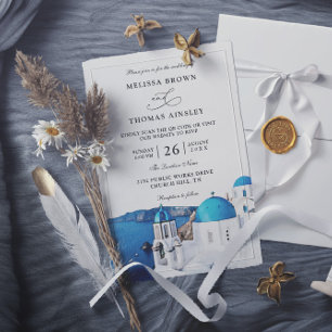Invitation Mariage à Santorin Grèce Budget Code QR Aquarelle