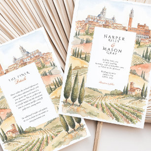 Invitation Mariage à Sienne en Toscane, aquarelle sur fond de
