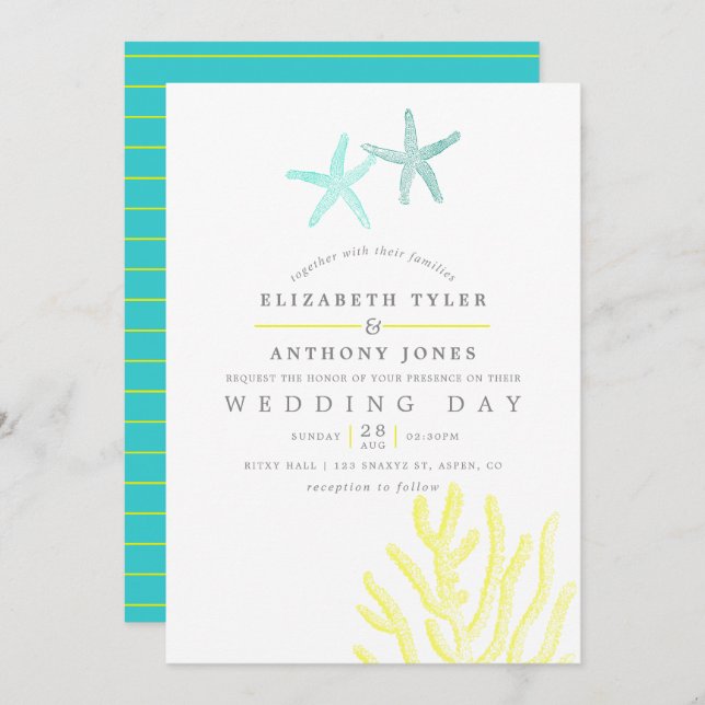 Invitation Mariage à thème de plage turquoise et jaune (Devant / Derrière)
