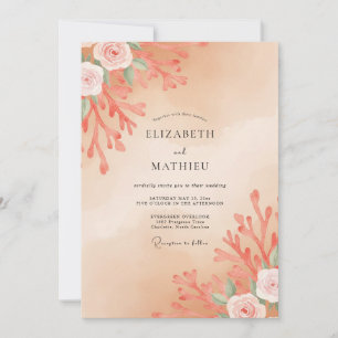 Invitation Mariage Abricot Corail Feuillage Eucalyptus