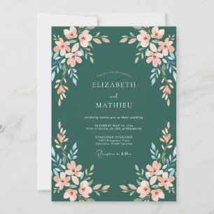 Invitation Mariage Abricot Cyan Foncé Feuillu