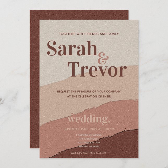 Invitation Mariage Abstrait 70's Terracotta et vin (Devant / Derrière)