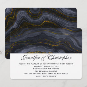 Invitation Mariage Abstrait Agate Or Moderne Noir Gris-Bleu