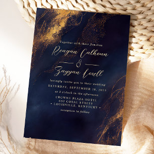 Invitation Mariage Abstrait Calligraphie Bleu Nuit Et Or