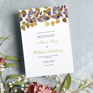 Invitation Mariage Abstrait de feuillage doré brun violet