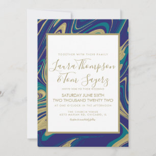 Invitation Mariage Abstrait Faux Or Liquide Marbre Bleu