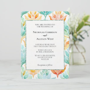 Invitation Mariage Abstrait floral blanc turquoise Tangerine