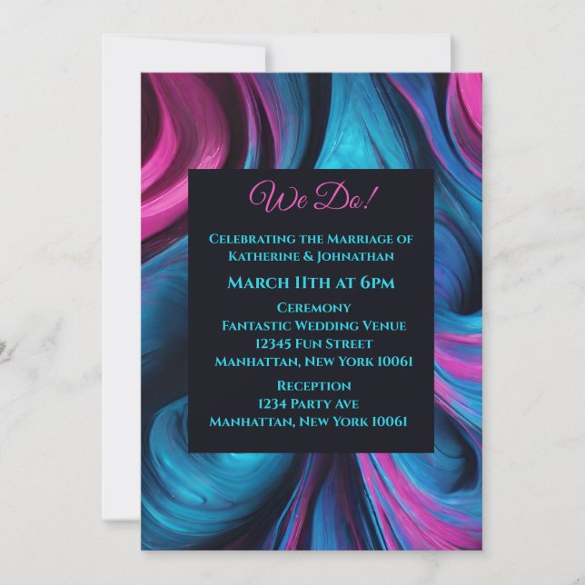 Invitation Mariage-Abstrait Fluid Art-Blue et rose (Devant)