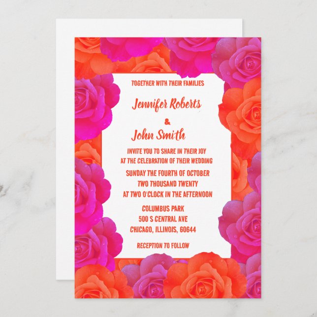 Invitation Mariage Abstrait OrangePink Floral Code QR (Devant / Derrière)