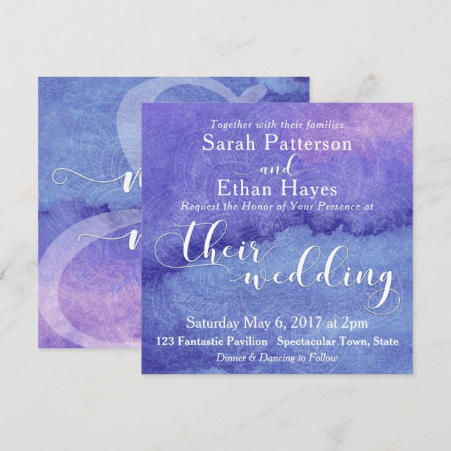 Invitation Mariage Abstrait Peinture Aquarelle Violette & Man (Devant / Derrière)