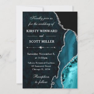 Invitation Mariage agate et marbre pailleté sarcelle et argen