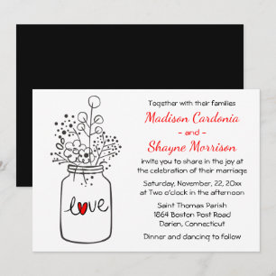 Invitation Mariage Amour Fleur Rustique Pot Mason Noir & Blan