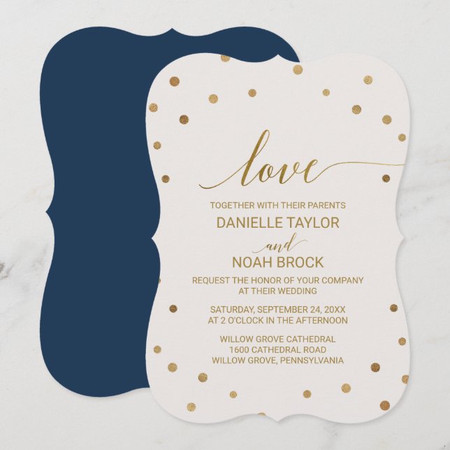 Invitation Mariage "Amour" Pois d'or (Devant / Derrière)