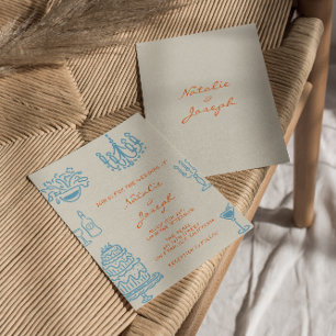 Invitation Mariage Amusant Dessiné à la Main Orange Bleu