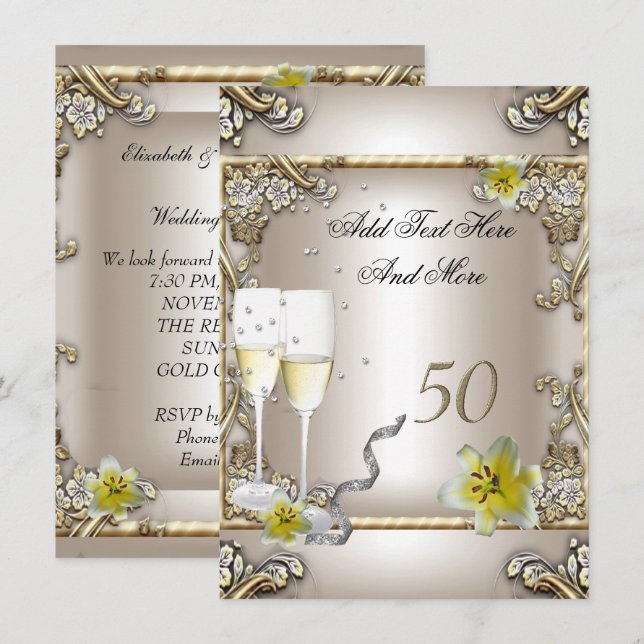 Invitation Mariage Anniversaire Crème Or Lys Argent (Devant / Derrière)