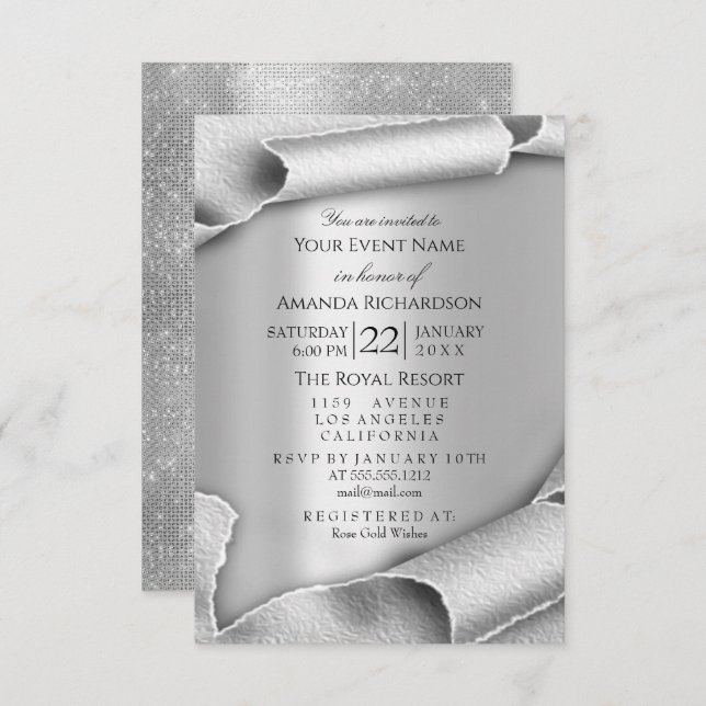 Invitation Mariage Anniversaire de Naissance 3D Gris Argent (Devant / Derrière)