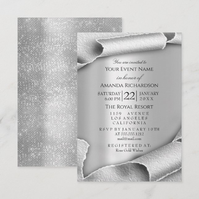 Invitation Mariage Anniversaire Fête 3D Gris Argent (Devant / Derrière)