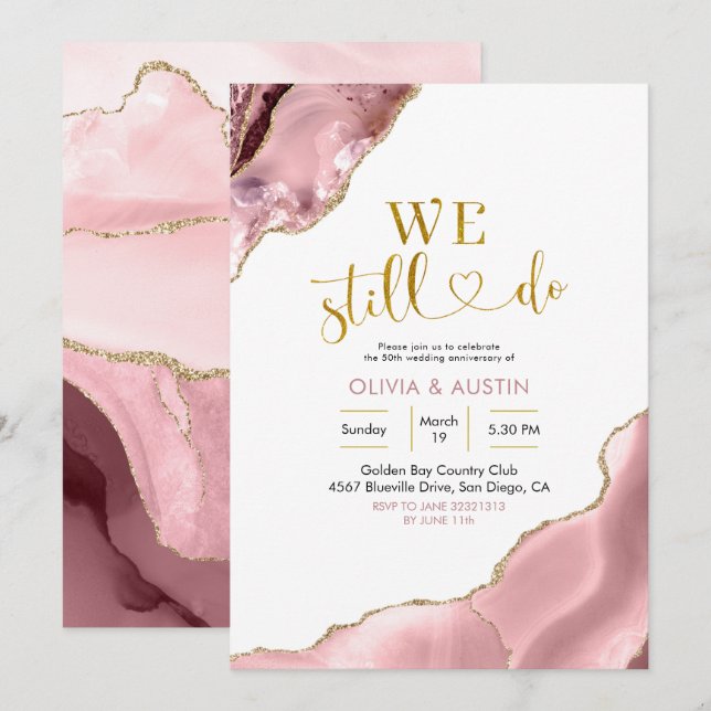 Invitation Mariage Anniversaire Rose Pâle Et Agate Dorée (Devant / Derrière)