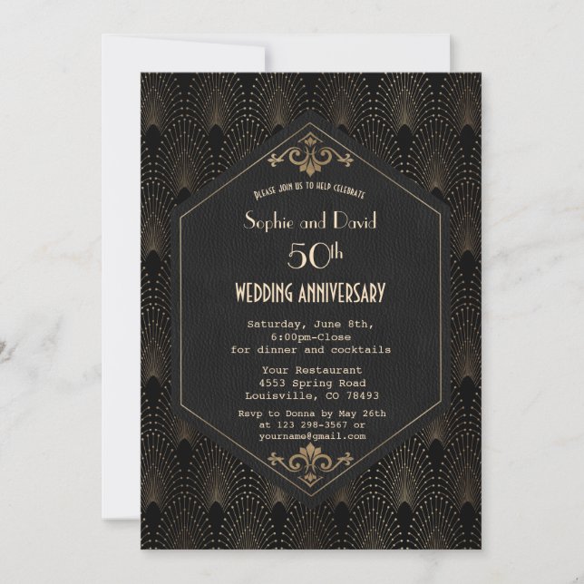 Invitation Mariage Anniversaire Royal Or Noir Gatsby (Devant)