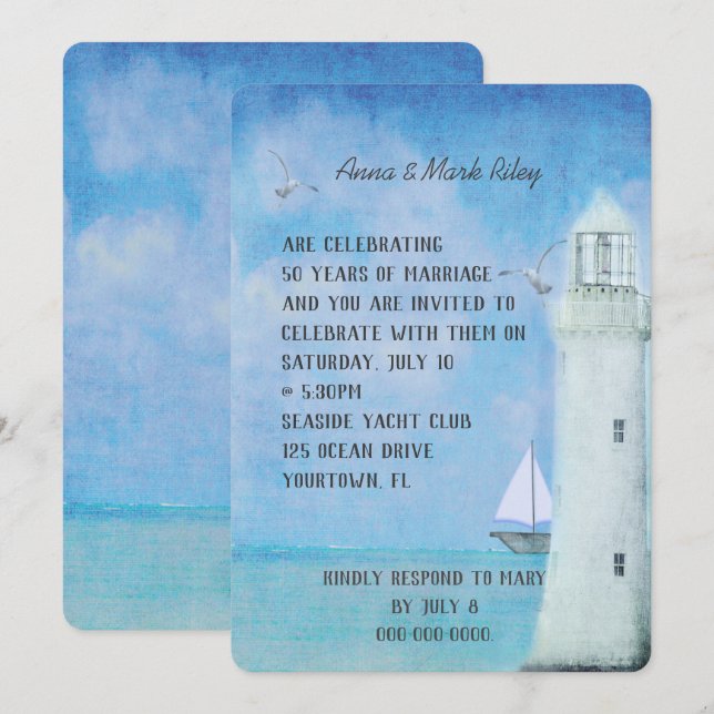 Invitation mariage anniversaire voilier et phare océanique (Devant / Derrière)