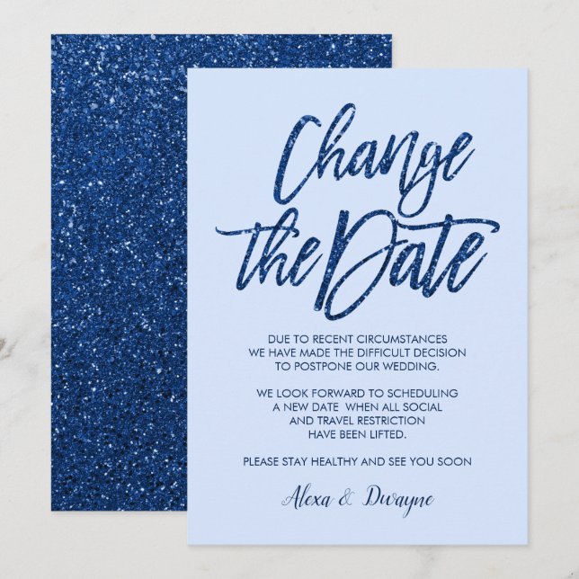 Invitation Mariage Annulé Reporté Glam Blue Paillettes (Devant / Derrière)