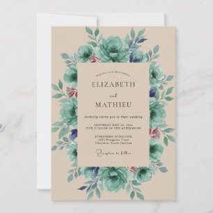 Invitation Mariage Antique Champagne Pivoine Aqua