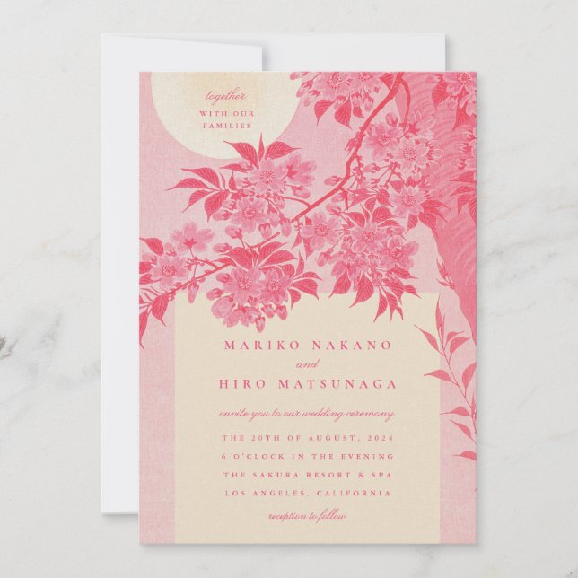 Invitation Mariage antique japonais rose cerisier en fleurs (Devant)