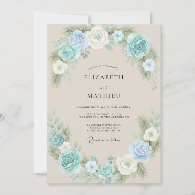 Invitation Mariage Aqua Crème Pivoine (Devant)